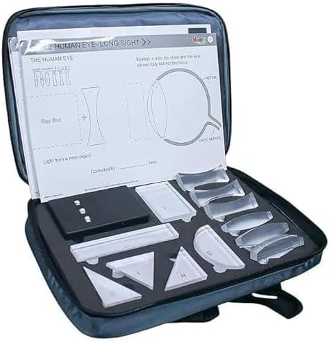 Light and Optics Class Demo Kit, 12 Acrylic Lenses, Ray Box with 3 Light Beams, Physics Learning Set with Practice Sheets, Ages 14+