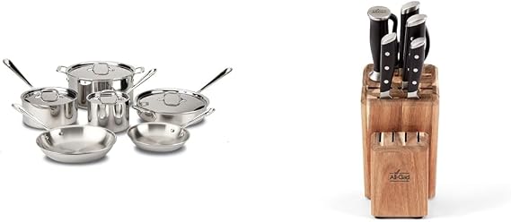 All-Clad D3 3-Ply Stainless Steel Cookware Set 10 Piece With All-Clad Forged German Stainless Steel Knife Set and Acacia Wood Block 7 Piece