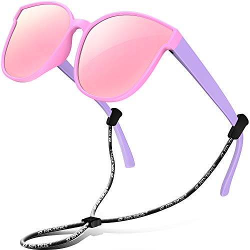 RIVBOS kids Sunglasses Girls with Strap Polarized UV Protection Flexible Shades for Baby and Children RBK002-3 Pink Mirror Lens