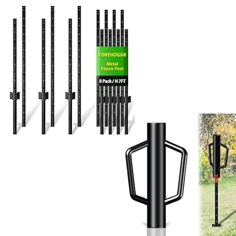 Metal Fence Post 7 Feet Black, Pack of 8 Bundle Post Driver 12LB