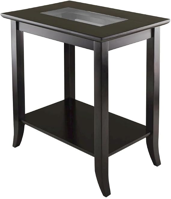 Furnifact Rectangular End Table, Glass Top, Lower Shelf, Flared Legs, Solid Wood Frame, Espresso Finish, Brown