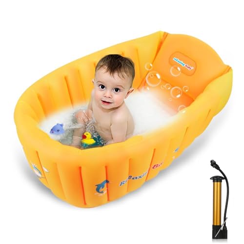 Inflatable Baby Bathtub,Newborn to Toddler Bath Tub with Built-in Air Pump,Portable Travel Shower Basin with Back Support,Foldable Toddler Tub Shower for Kids 0-6 MonthsOrange