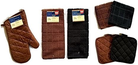 Kitchen Linens Set by Home Collection Featuring: 2 Kitchen Towels, 2 Pot Holders, 1 Oven Mitt, 2 Dishcloths (7 Piece Bundle, Solid Brown & Black)