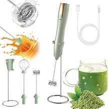 Rechargeable Milk Frother Handheld with Stand, Coffee Foam Frother Wand, Detachable Stainless Steel Whisk Drink Mixer for Coffee, Cappuccino, Lattes, Frappe, Matcha,Egg and Hot Chocolate, Green