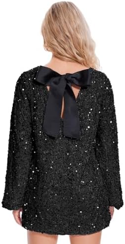 Ypser Women Sequin Dress with Ribbon Bow Tie Long Sleeve Sparkly Mini Dress for Night Out Party