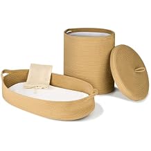 BUNDLE: Baby Changing Basket with Cotton Rope Laundry Basket Baby Moses Basket Changing Table Topper with Extra Large Capacity Hamper for Storage with Mesh Drawstring Laundry Bag - CaramelTan