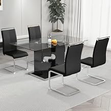 Ebullient 63'' Glass Dining Table Set for 4,Black Glass Dining Table Top and MDF Base,Modern Rectangular Kitchen Table with 4 PU Leather Dining Chairs,Glass Dinner Table Set