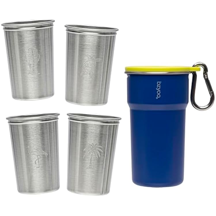 bzyoo 5-Piece Nesting Camping Cups Set - 9oz Stackable Stainless Steel Mugs with Patterned Designs & Integrated Carry Hook, Space-Saving Portable Outdoor Mess Kit for Family Hiking, Backpacking & RV