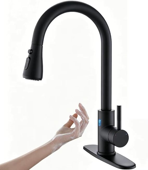 Touchless Kitchen Faucet with Pull Down Sprayer for Kitchen Sink, Single Handle Motion Sensor Faucet with LED Light and Dual-Function Spray, Hands-Free Matte Black
