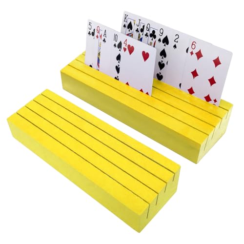 Playing Card Holders Deck Stand, Play Cards Holder for Kids or Elder People, Hands-Free Wood Holder Racks,Tray for Organizing Cards 2 Pack-Yellow