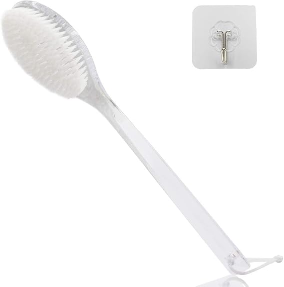 Body Brush Dry Brushing Back Scrubber with Curved Plastic Long Handle Bath Shower Brush Dry Skin Exfoliating Cellulite Brush for Men and Women(Transparent Handle)