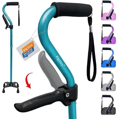 BigAlex Walking Cane, Adjustable Quad Cane with 4-Pronged Base for Elderly, Collapsible Walking Stick with Lift Handle, Canes with Foam Padding Grip for Men Women and Seniors