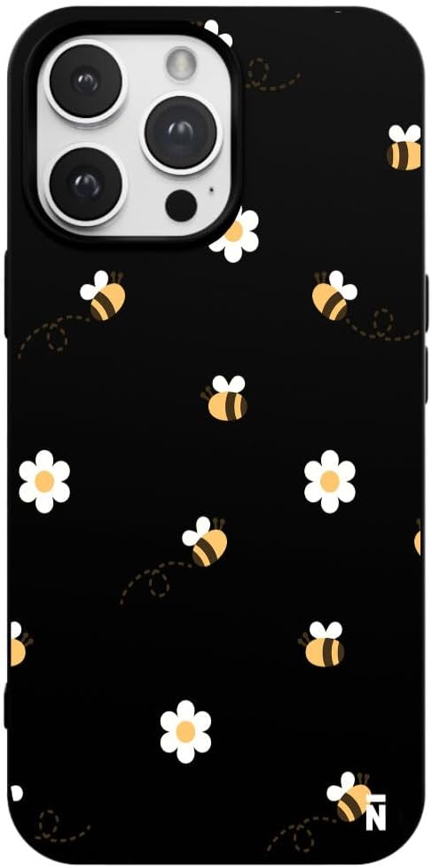 Casen iPhone 15 Pro Max ile Uyumlu Silikon Kılıf, Arı ve Çiçek Tasarımlı, Siyah, Kamera Korumalı