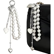 White Pearl Beaded Keychain Charms Silver Heart Tassel Keychain Accessories Pearl Bag Charm Kawaii Key Chains Women Cute Keychains for Women Purse Charms for Handbags Backpack Keychains for Backpacks