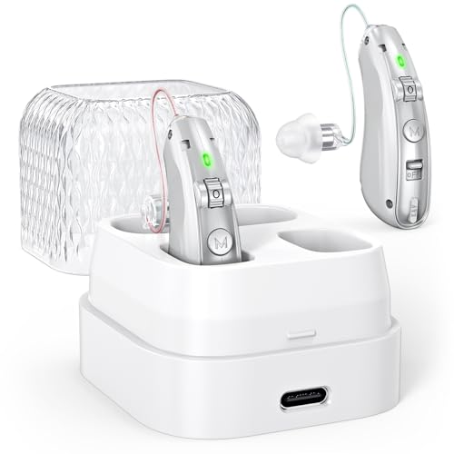 Rechargeable Noise Reducing Hearing Aid for Seniors, Digital Hearing Loss Amplifier with Charging Case. Silver