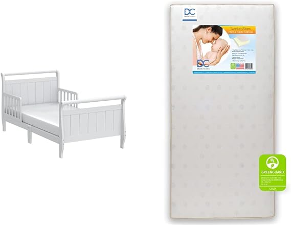 Delta Children Wood Toddler Bed Sleigh, Crib, White & Twinkle Stars Dual Sided - Premium Sustainably Sourced Fiber Core Crib and Toddler Mattress - Waterproof - GREENGUARD Gold Certified (Non-Toxic)