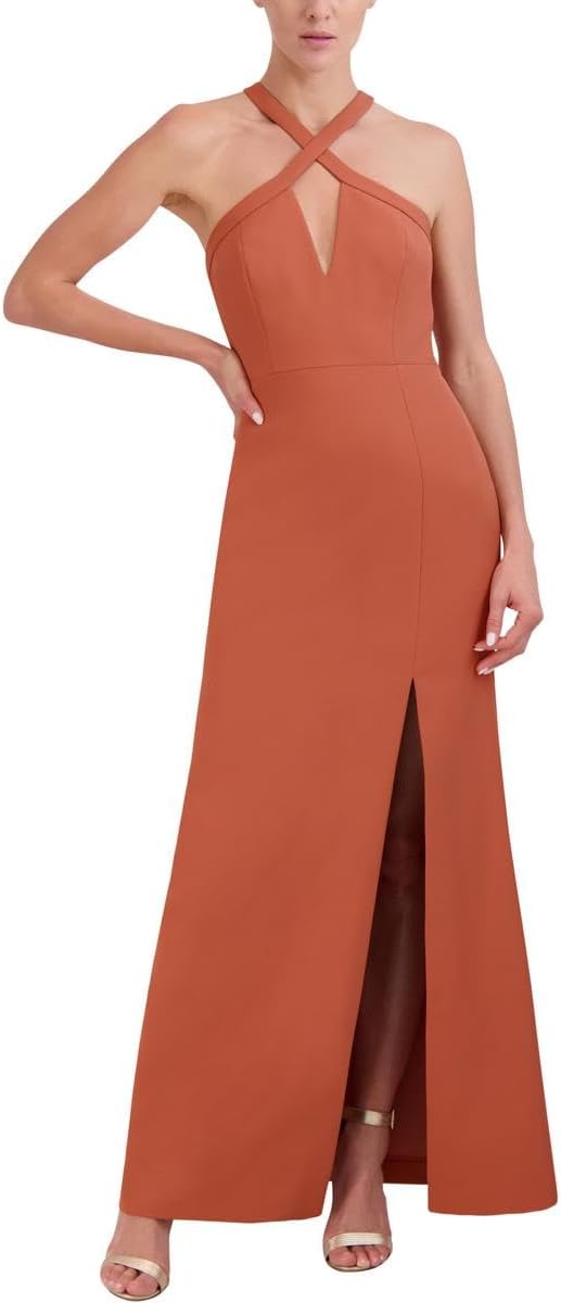 BCBGMAXAZRIA Women's Fit and Flare Floor Length Evening Dress Criss Cross Halter Neck Cut Outs Side Slit