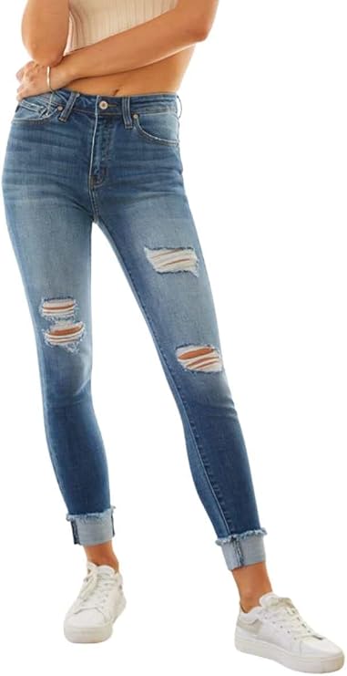 Kancan Women's High Rise Distressed Cuffed Ankle Skinny Jeans - KC7299