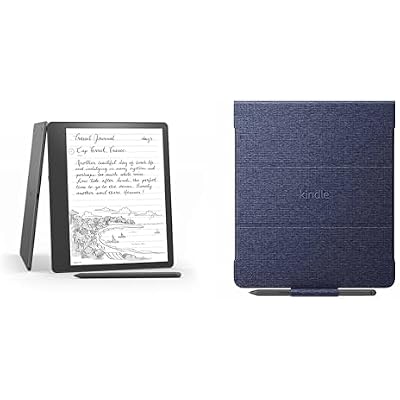 Amazon Kindle Scribe Essentials Bundle including Like- New Kindle Scribe(16 GB)- Good Grey, Premium Pen and Fabric Folio- Denim