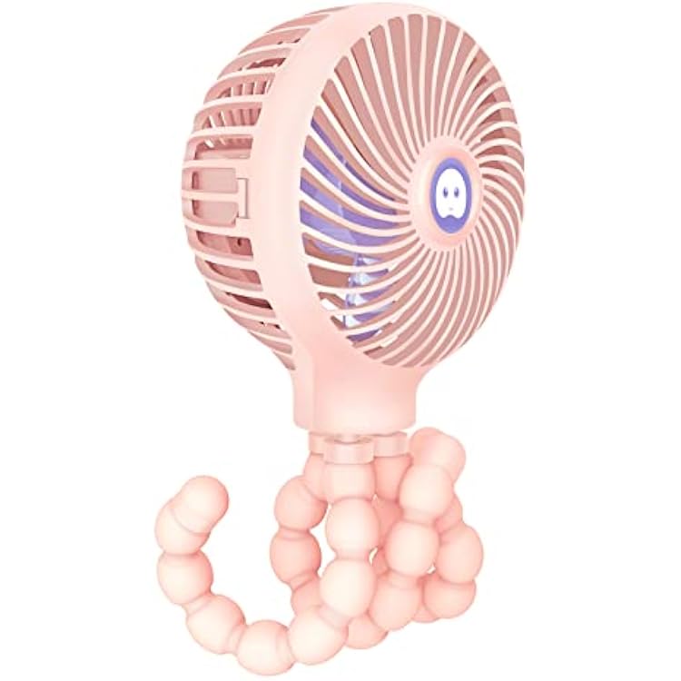 TRELC Mini Stroller Fan, 9H Battery Life, Personal Handheld Clip on Portable Rechargeable Fan with Flexible Tripod, Gift for Children Baby Office Room Car Travel BBQ Gym Pink, 2000mAh