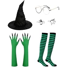 Witch Costume Set for Women Girls 6PCS Halloween Wicked Witch Costume Accessories with Hat Glasses Green Gloves Socks Ring Adult Halloween Costume Accessories for Cosplay Fantasy
