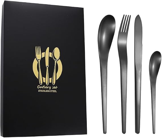 Flatware Silverware Set, 4/16/24/32 Pieces Matte 304 Stainless Steel Knife, Fork And Spoon Hotel Home Steak Knife, Fork And Spoon Tableware Set, Cutlery Set (Color : Black, Size : 8Set-32Pc
