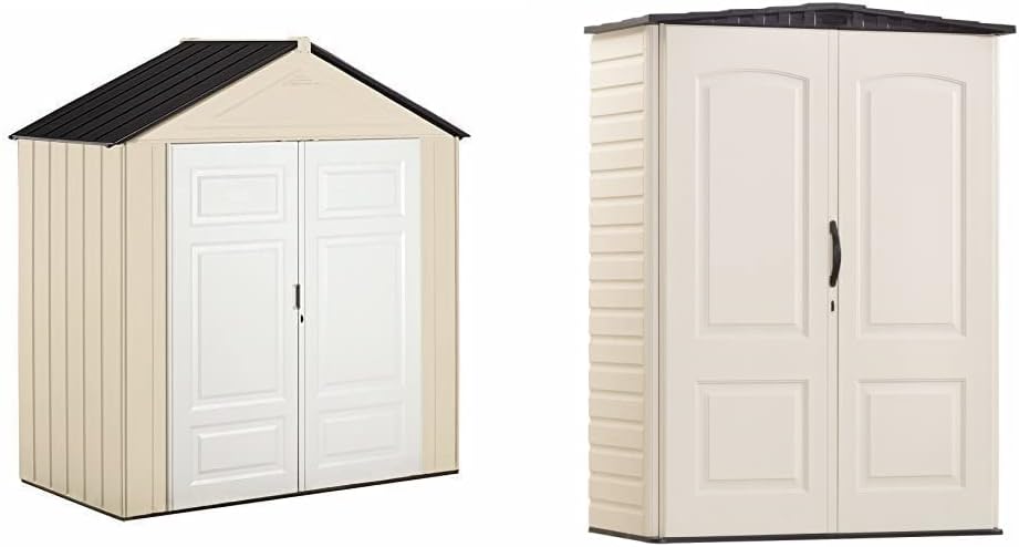 Rubbermaid Resin Weather Resistant Outdoor Storage Shed, 7 x 3.5 ft, MapleSandstone & Rubbermaid Resin Weather Resistant Outdoor Storage Shed, 5 x 2 ft, SandalwoodOnyx Roof