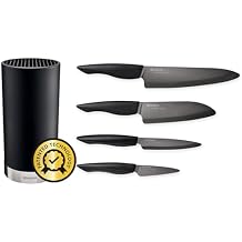 Kyocera Universal Round Soft Touch Knife Block, 8.8" x 4.3", Black and Innovation Series 4Piece Ceramic Knife Set, Black Blade, Black Handle (Bundle)