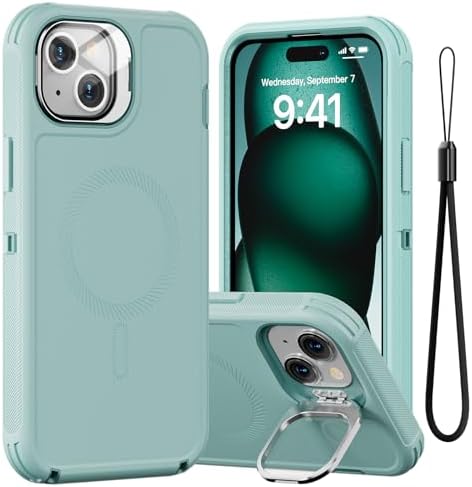 for iPhone 15 Plus Case with Stand & Built-in Camera Cover, MagSafe Compatible, Heavy-Duty Shockproof Protection, Magnetic & Rugged Phone Cover for iPhone 15 Plus 6.7, Mint