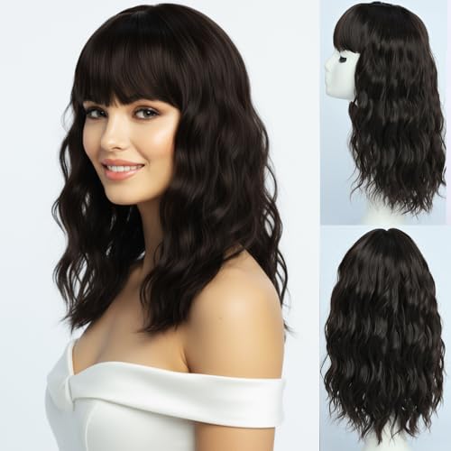 Long Dark Brown Wig with Bangs for Women Medium Length Brown Synthetic Wig with Natural Wavy Fringe Glueless Wigs Heat Resistant Hair for Daily Party Use 16 inch