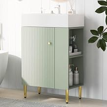 22 Inch Bathroom Vanity With Sink, Small Cabinet With Soft Closing Door and Right Side Storage, Modern Freestanding Single Bath Vanity, Ceramic Sink, Green