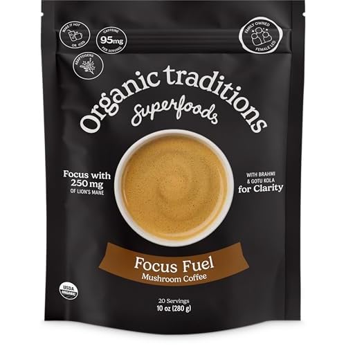 Organic Traditions Focus Fuel Mushroom Coffee, Instant Coffee with Lions Mane, MCT Oil Powder, Adaptogens, Coconut Milk, Smooth Dairy Free Blend for Daily Focused Energy, Organic Coffee, 280g  10oz