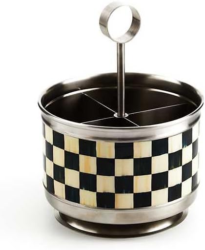 MACKENZIE-CHILDS Supper Club Flatware Caddy, Black-and-White Courtly Check | Hand-painted design, made from stainless steel with a clear enamel coating, kitchen utensil organizer, 6.5" dia. x 9" H