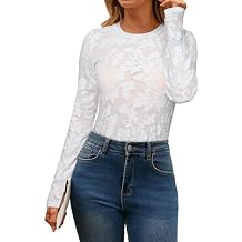 Glamaker Womens Mesh Long Sleeve Tops Lace See Through Sexy Crew Neck Eyelet Shirts Party Floral Club Dressy Blouse