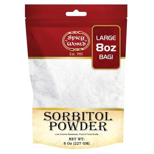 Spicy World Pure Sorbitol Powder 8 Oz Bag - Food Grade, Low Calorie Sweetener, Sugar Substitute, Thickening Agent - Packaged in USA