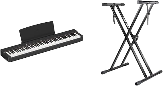 Yamaha P-225 Digital Piano with 88 Graded Hammer Compact Keys and 24 Instrumental Voices & RockJam XX-363 Xfinity Doublebraced Pre Assembled Keyboard Stand with Locking Straps & Lessons.,Black