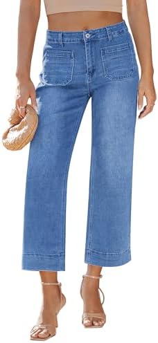 LookbookStore Wide Leg Cropped Jeans for Women High Waisted Stretchy Denim Jean Pants Baggy Flare Trouser Jeans Pockets