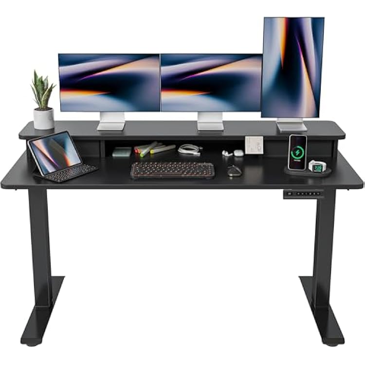 FEZIBO 63 x 28 Inch Deeper Height Adjustable Electric Standing Desk with Double Drawers, Sit Stand Up, Home Office Computer Desk with 4 Height-Adjustable Feets & 2 Hooks, Black FrameBlack Top