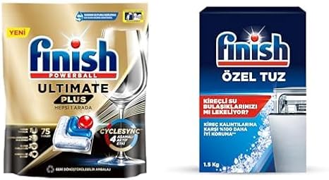 Finish Ultimate Plus 75 Kapsül Bulaşık Makinesi Deterjanı Tableti (1 x 75 Kapsül) ve Finish Bulaşık Makinesi Tuzu (1 x 1500 g)