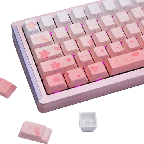 Custom PBT Pink Keycaps 131keys Dye Sublimation Cherry Profile Side Printed Keycap, Sakura Theme Cherry Profile Keycaps Set for Cherry MX Switches Mechanical Gaming Keyboard