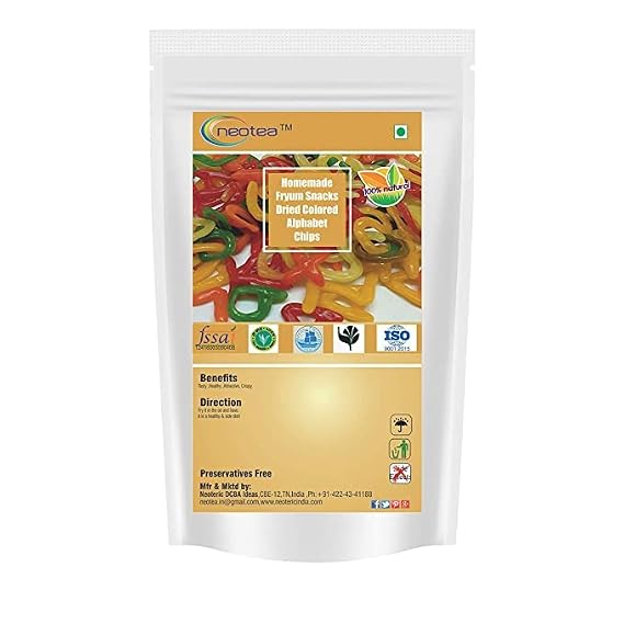 Neotea Fryums Snacks Dried Alphabet Chips Alphabet Fryums Mix Crunchy Snacks Tasty Homemade Papad Food Colorful Finger Chips Tea Time Snacks 200g