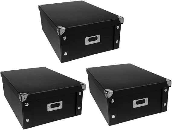Ideen mit Herz Organiser Boxes Set of 3 Storage Box with Lid Foldable Made of Cardboard and Metal 16 Litres Each 40.5 cm x 28 cm x 14.5 cm (Black)