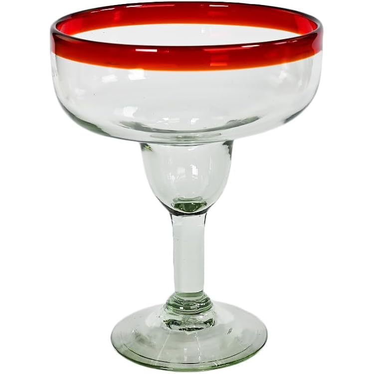 Margarita Glass, Red Rim, Set of 4, 14 oz, Hand Blown by Mexican Artisans from 100% Recycled Cola Bottles, Eco-Friendly, Sustainable, Expert Craftsmanship, passed down through Family Generations