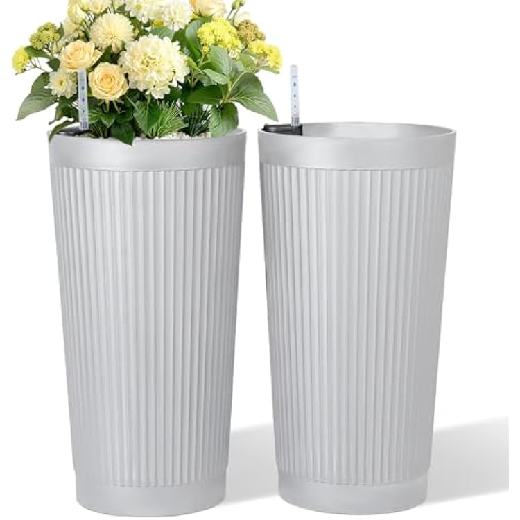TUYOHW Set of 2 Large Round Tall Planter for Indoor or Outdoor 24 Flower Pots for Porch, Patio, Backyard, Large Planters for Outdoor Indoor Plants