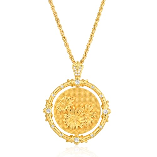 MTMY Birth Flower Necklaces for Women 14K Gold Plated Birth Flower with Birthstone Chunky Reversible Rotatable Disc Pendant Necklaces Jewelry