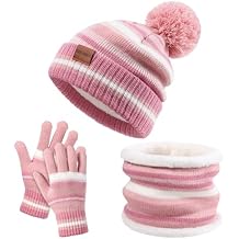 Kids Winter Hat Gloves Scarf Set: Girls Boys Beanie Hats Gloves Knit Set with Thick Warm Fleece Lined For Ages 6-10 Children