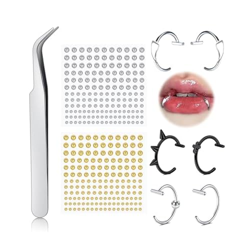 QWALIT Fake Lip Ring Cuffs Fake Nose Face Dermal Piercing Silver Clip on Vampire Teeth Fangs Faux Snake Bites Clip Nose Ring Hoops Non Piercing Stick on Stud Jewelry for Halloween Jewelry Women Men