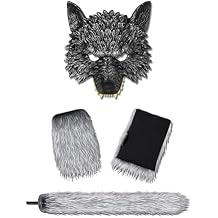 PURFUN Fuzzy Werewolf Costume Accessory Set Faux Fur Paw Gloves Long Tail Mask Headband Halloween Cosplay Party Dress Up Prop