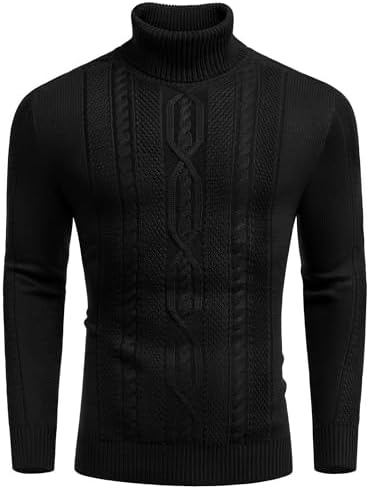 COOFANDY Mens Slim Fit Turtleneck Sweater Casual Cable Knitted Pullover Basic Designed Sweaters Black