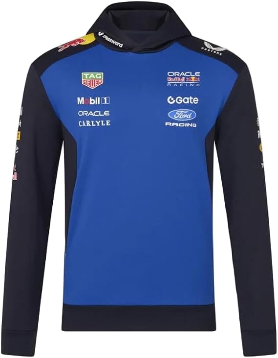 Red Bull Racing F1 Team, Official Castore 2026 Merchandise, Teamwear Pullover Hooded Sweatshirt Hoody, Navy Blue and Racing Blue
